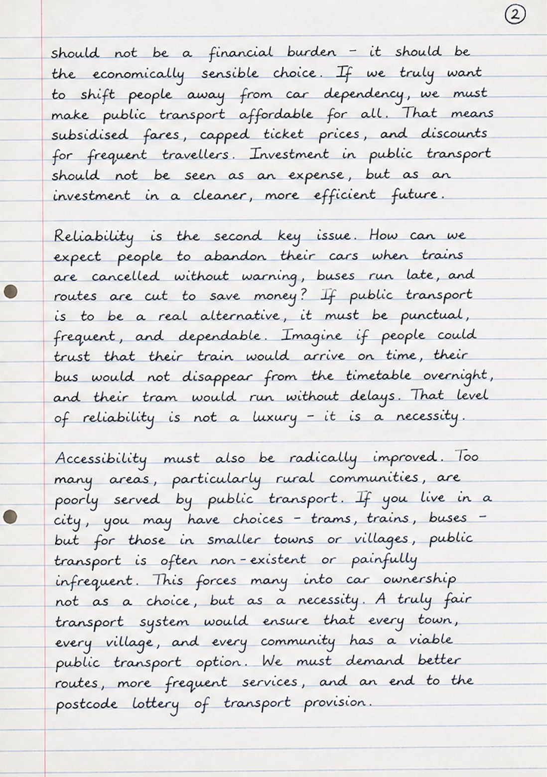 Handwritten AQA Paper 2 Question 5 Response A, published as a Level 4 speech on cars and public transport