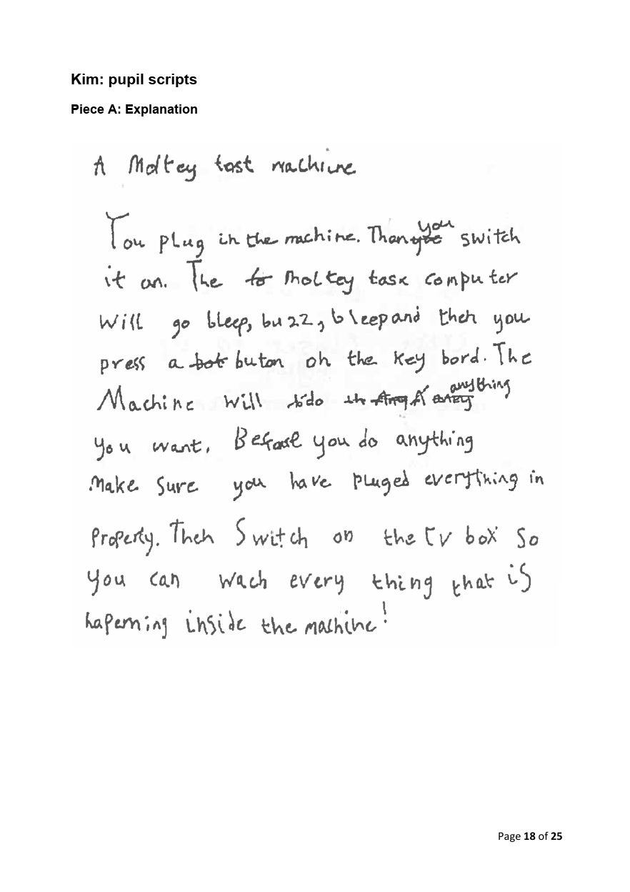 STA Year 2 Kim pupil script, Piece A explanation