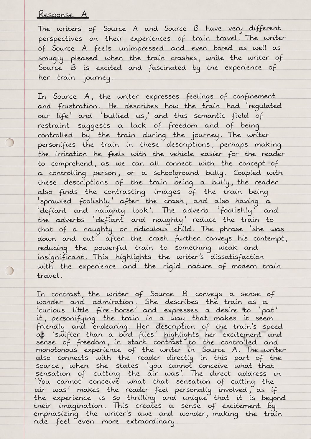Handwritten AQA Paper 2 Question 4 Response A, published as a Level 4 comparison of perspectives