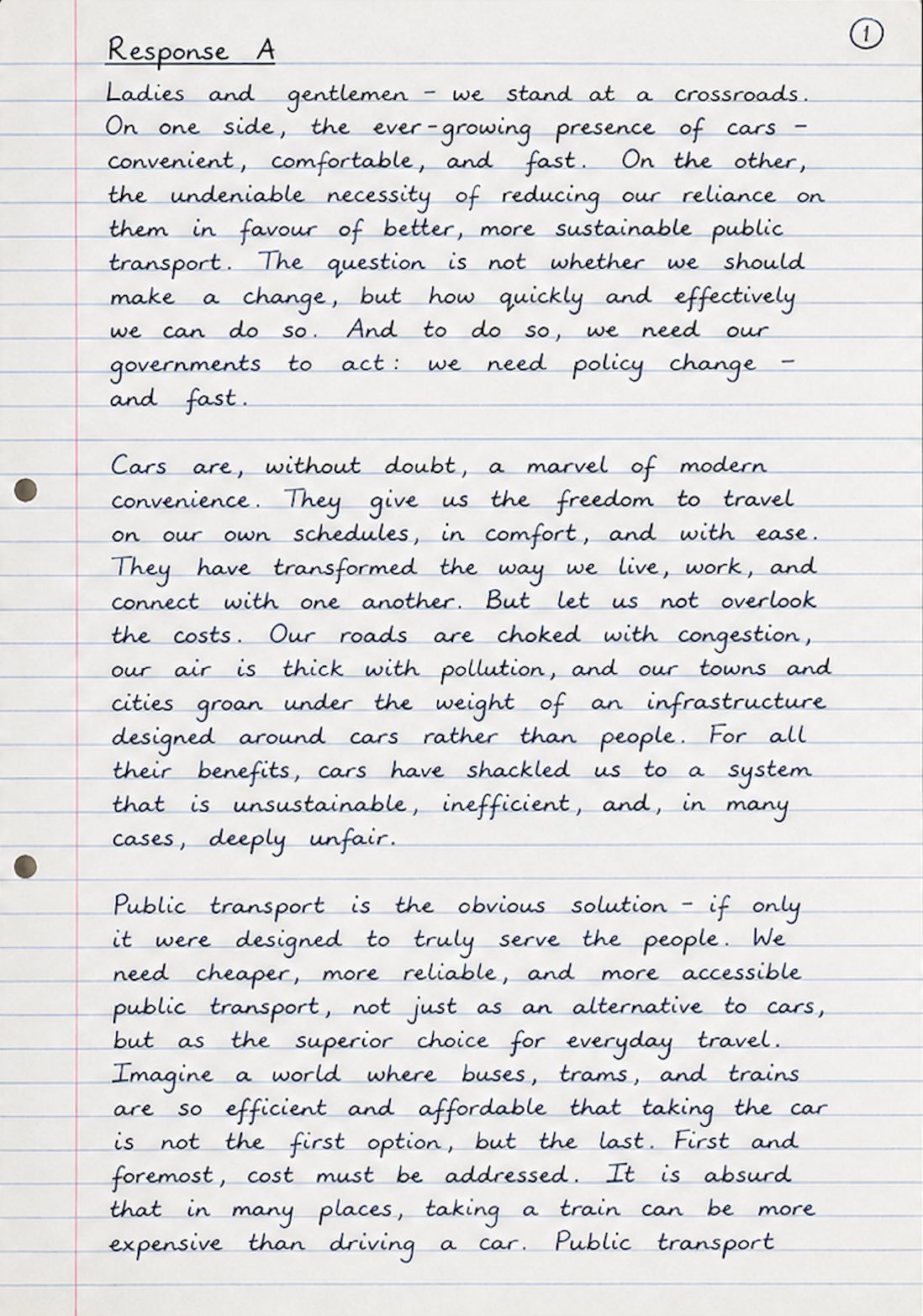 Handwritten AQA Paper 2 Question 5 Response A, published as a Level 4 speech on cars and public transport
